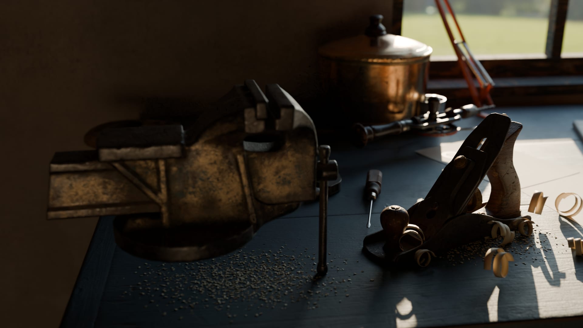 A bench vise and a hand plane on the workbench, with fresh wood shavings in the low sun.