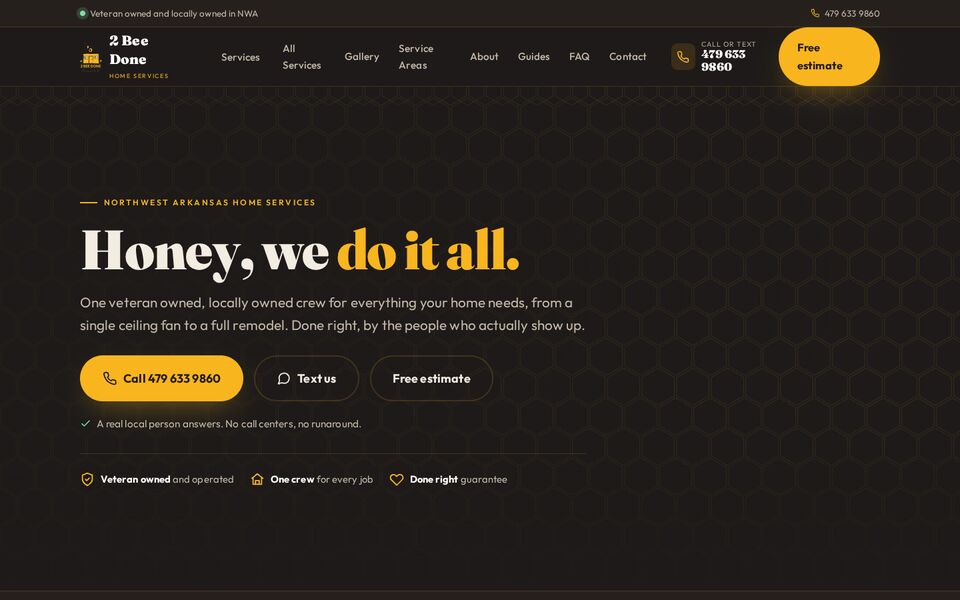 Home page of the 2 Bee Done Home Services website on a desktop screen