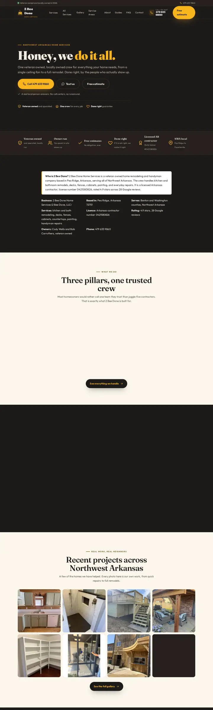 Home page of the 2 Bee Done Home Services website shown as one full page from top to bottom