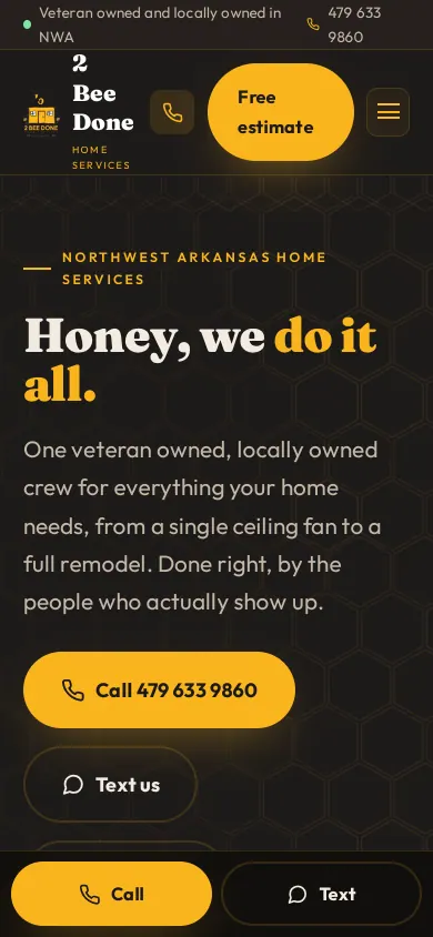 Home page of the 2 Bee Done Home Services website on a phone