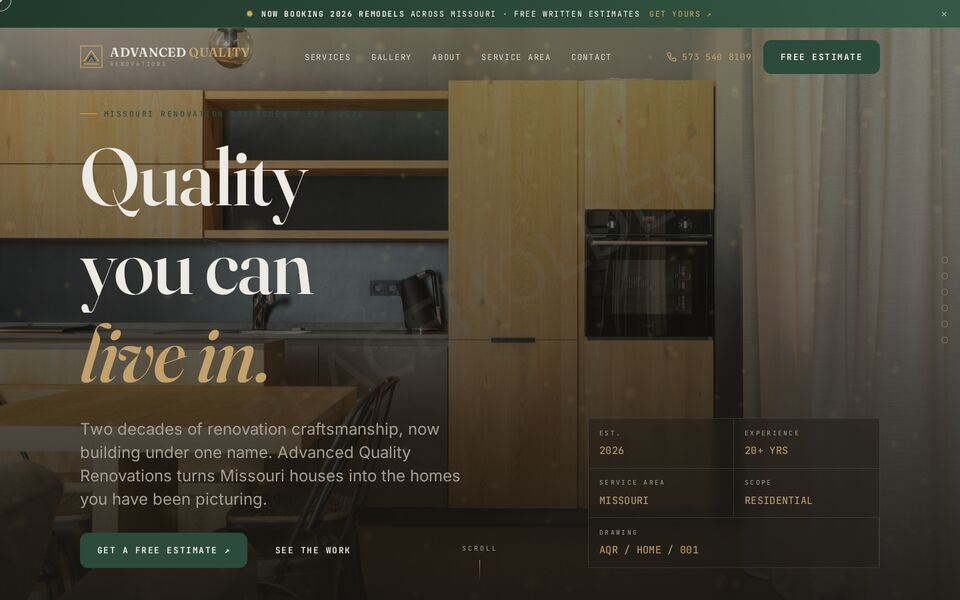 Home page of the Advanced Quality Renovations website on a desktop screen