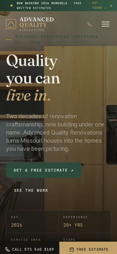 Home page of the Advanced Quality Renovations website on a phone