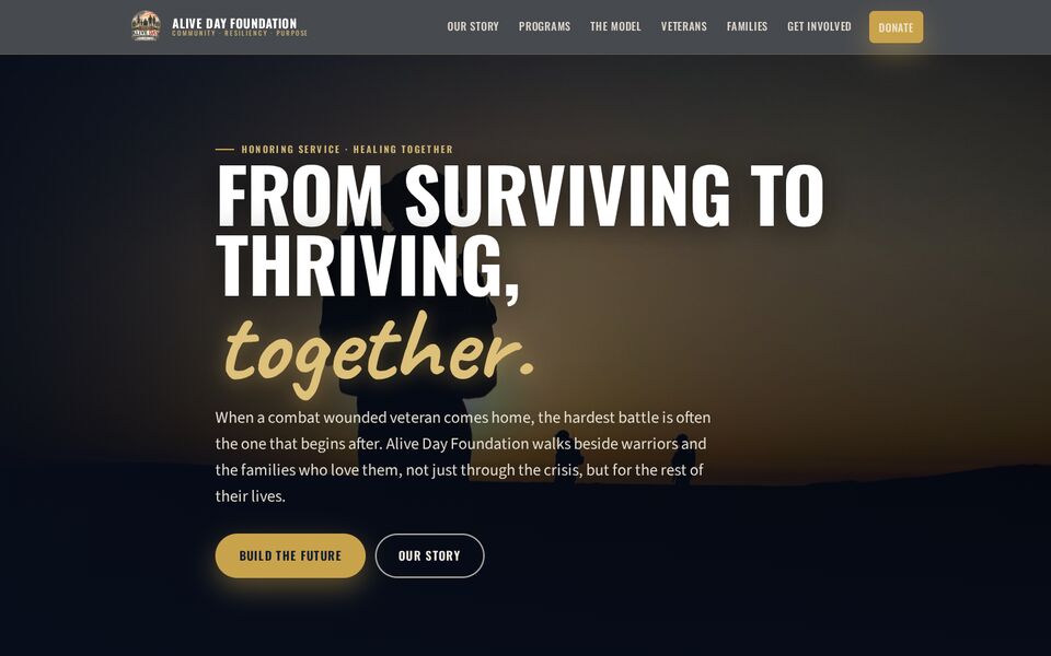 Home page of the Alive Day Foundation website on a desktop screen