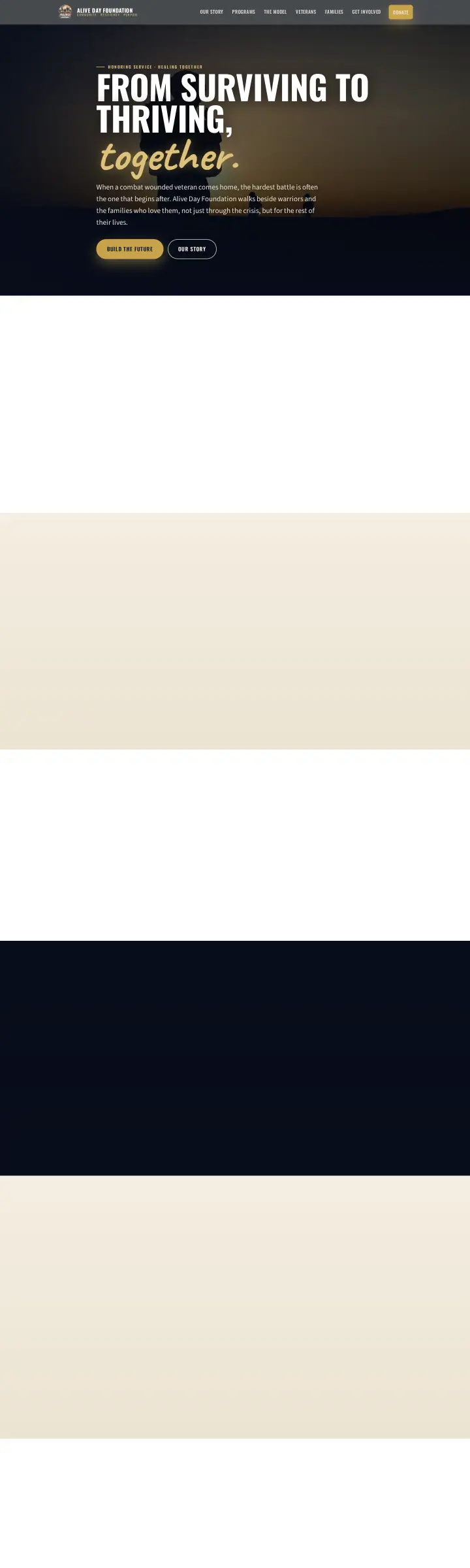 Home page of the Alive Day Foundation website shown as one full page from top to bottom
