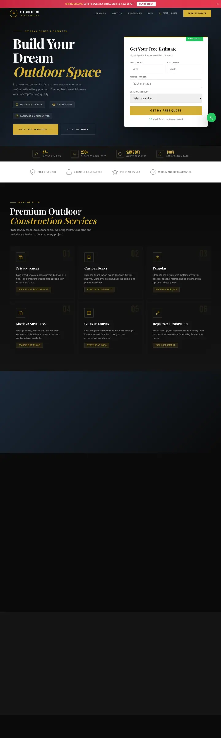Home page of the All American Decks and Fencing LLC website shown as one full page from top to bottom