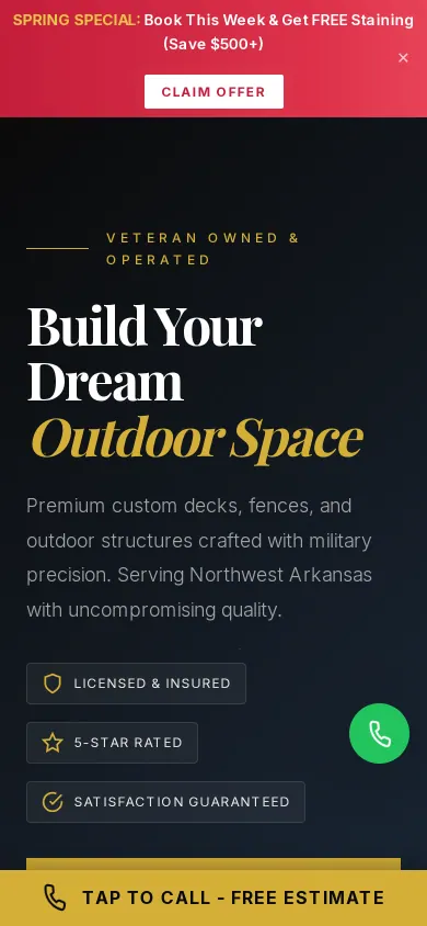 Home page of the All American Decks and Fencing LLC website on a phone