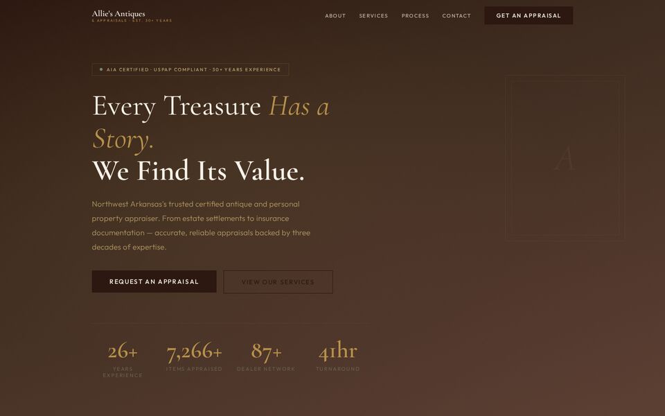 Home page of the Allie's Antiques & Appraisals website on a desktop screen