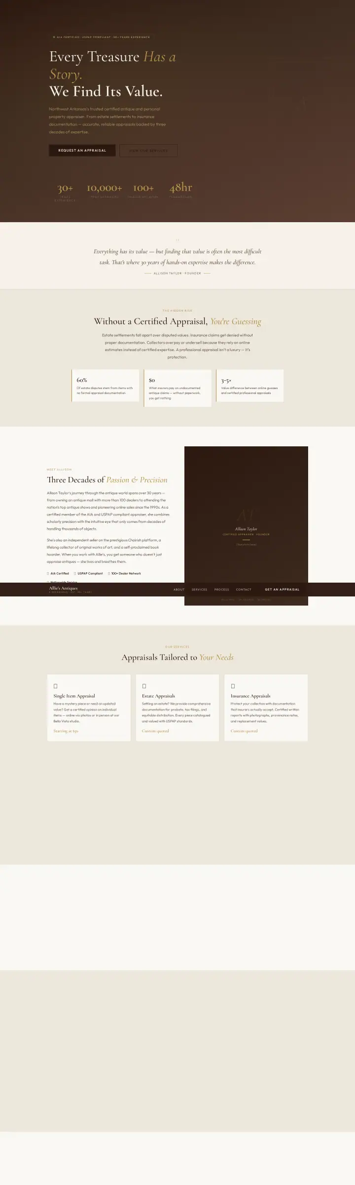 Home page of the Allie's Antiques & Appraisals website shown as one full page from top to bottom