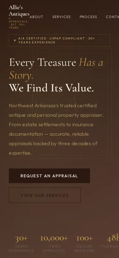 Home page of the Allie's Antiques & Appraisals website on a phone
