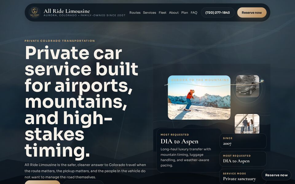 Home page of the All Ride Limousine LLC website on a desktop screen