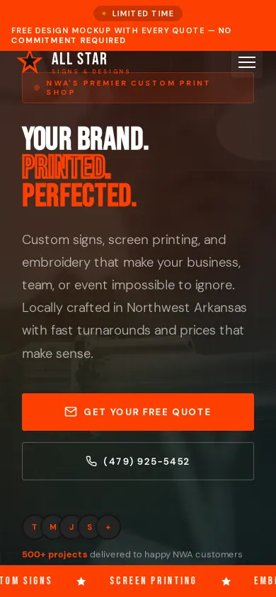 Home page of the All Star Signs & Designs website on a phone
