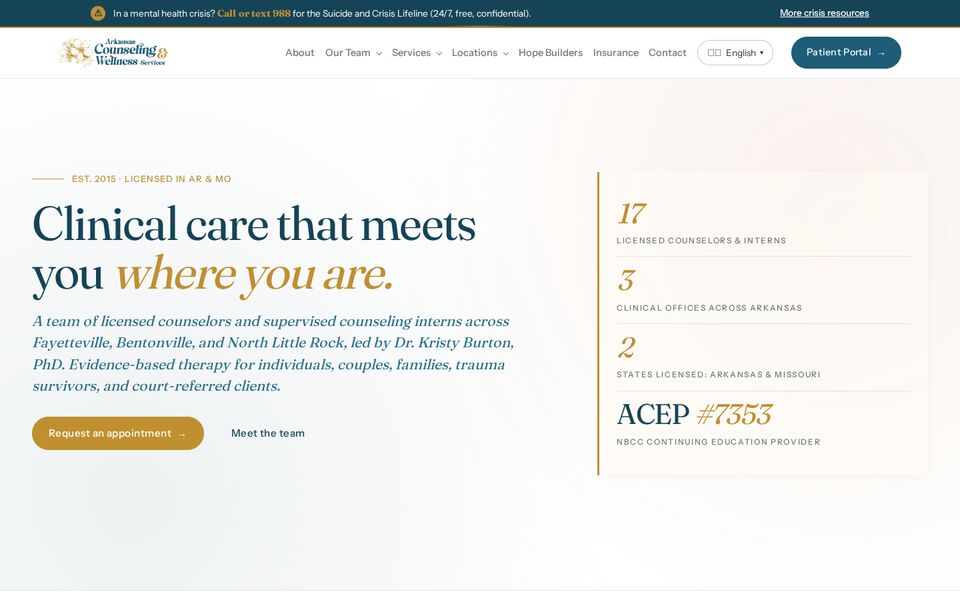 Home page of the Arkansas Counseling and Wellness Services website on a desktop screen
