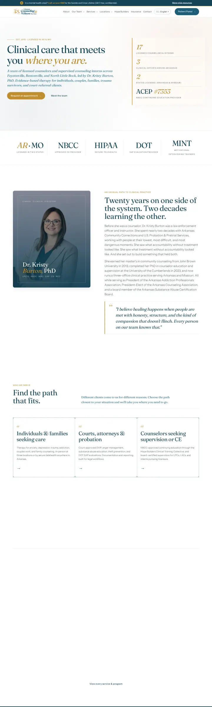 Home page of the Arkansas Counseling and Wellness Services website shown as one full page from top to bottom