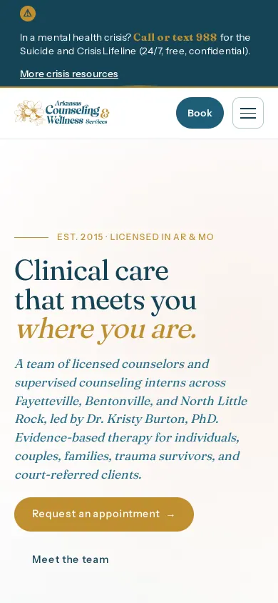 Home page of the Arkansas Counseling and Wellness Services website on a phone