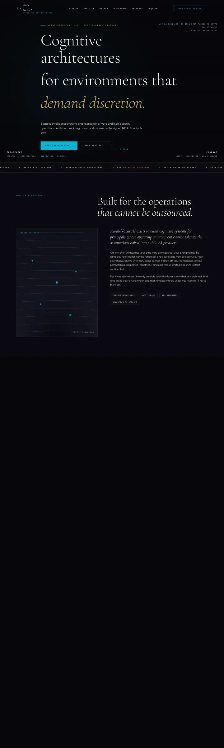 Home page of the Aural-Nexus AI, LLC website shown as one full page from top to bottom