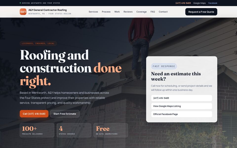 Home page of the A&Y General Contractor Roofing website on a desktop screen