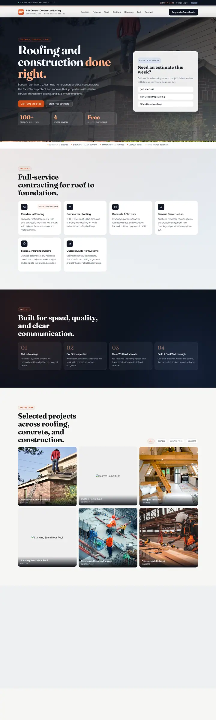 Home page of the A&Y General Contractor Roofing website shown as one full page from top to bottom