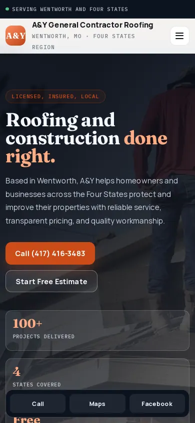 Home page of the A&Y General Contractor Roofing website on a phone