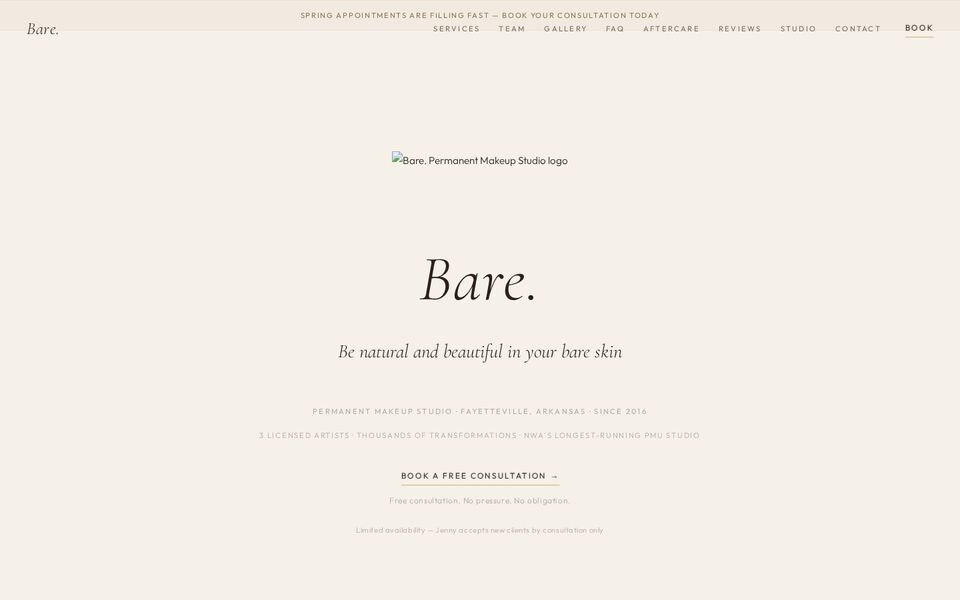 Home page of the Bare. website on a desktop screen