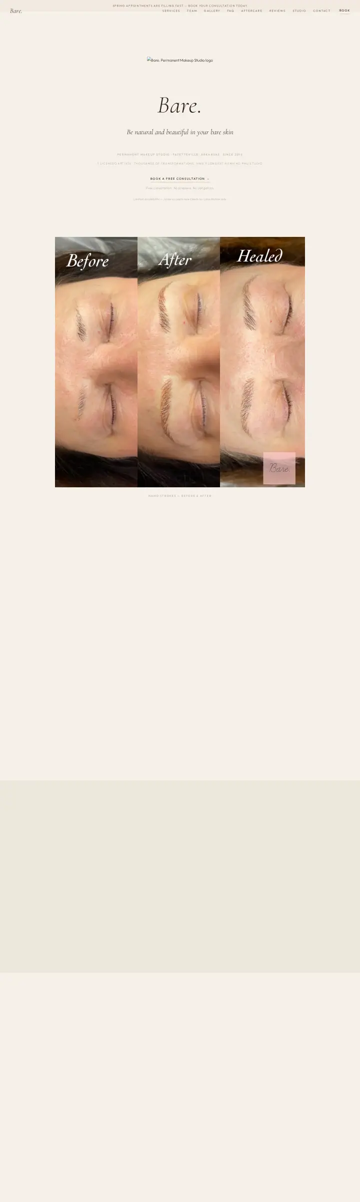 Home page of the Bare. website shown as one full page from top to bottom