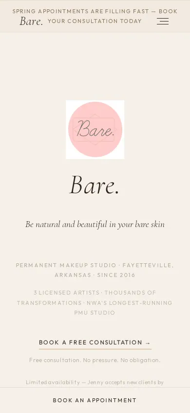 Home page of the Bare. website on a phone