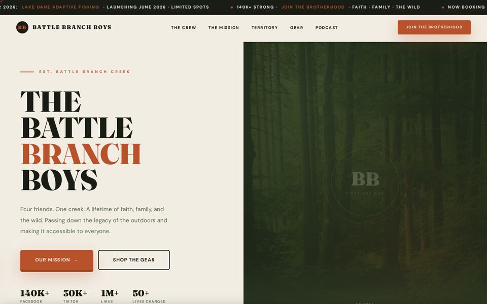 Home page of the The Battle Branch Boys website on a desktop screen