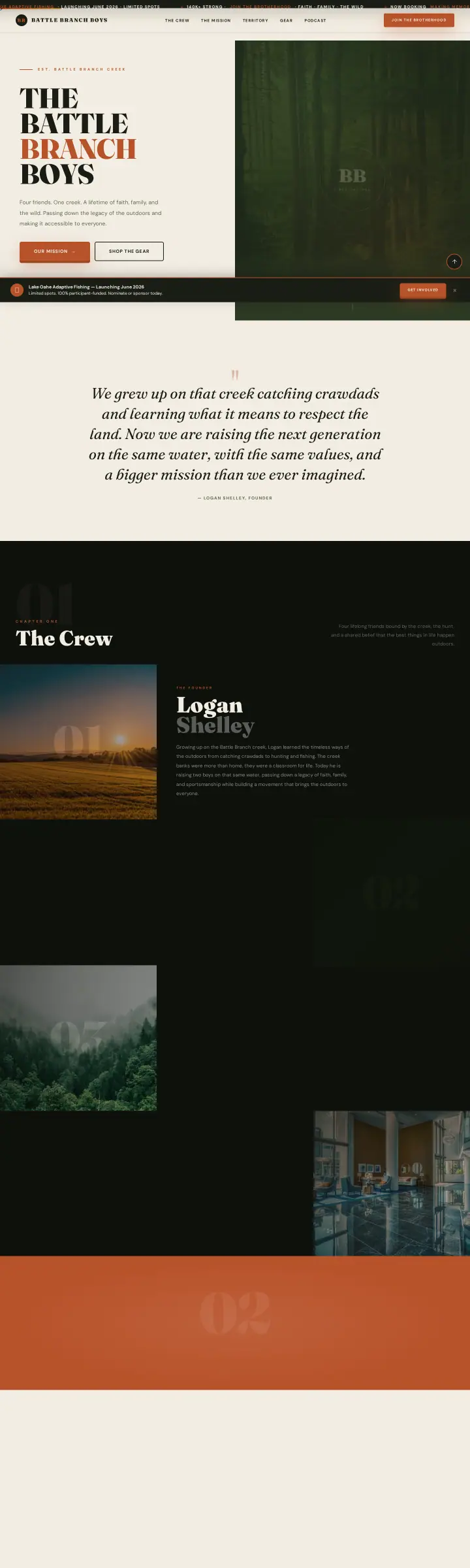 Home page of the The Battle Branch Boys website shown as one full page from top to bottom