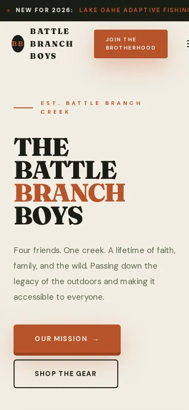 Home page of the The Battle Branch Boys website on a phone
