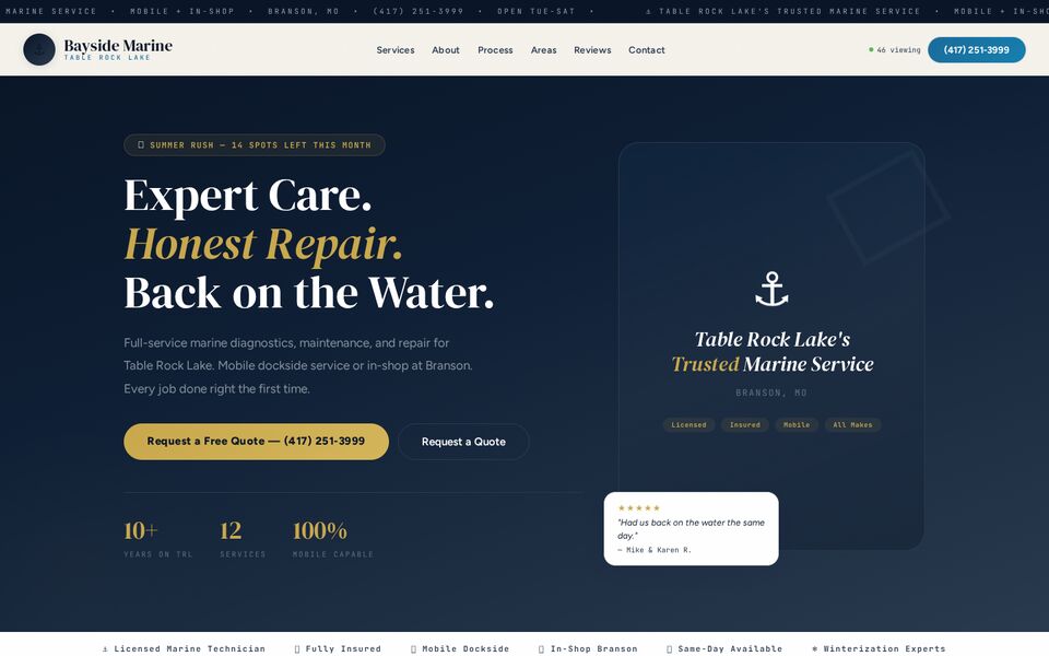 Home page of the Bayside Marine website on a desktop screen