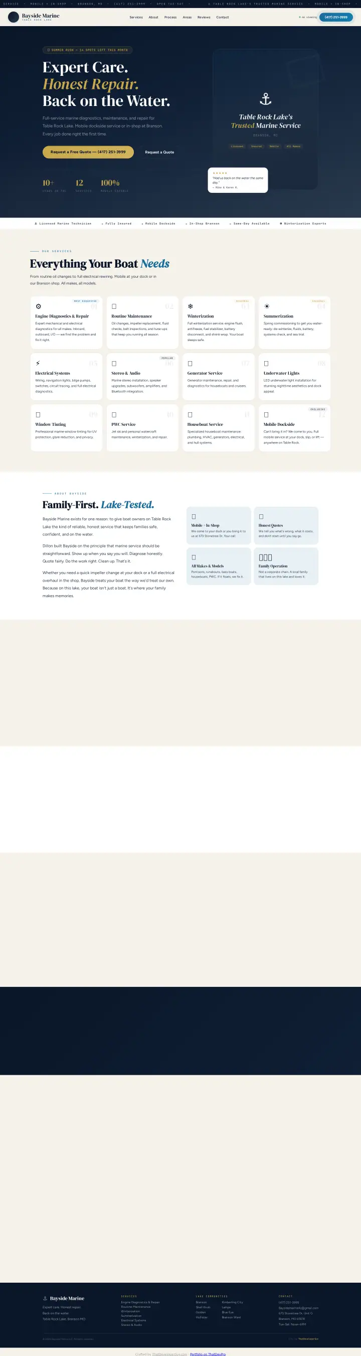 Home page of the Bayside Marine website shown as one full page from top to bottom