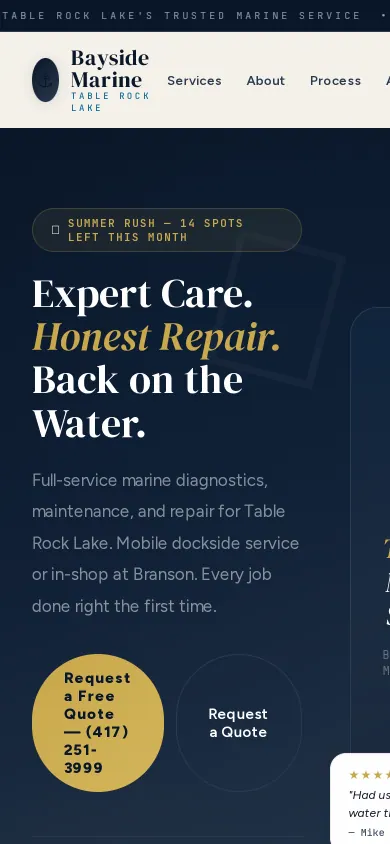 Home page of the Bayside Marine website on a phone