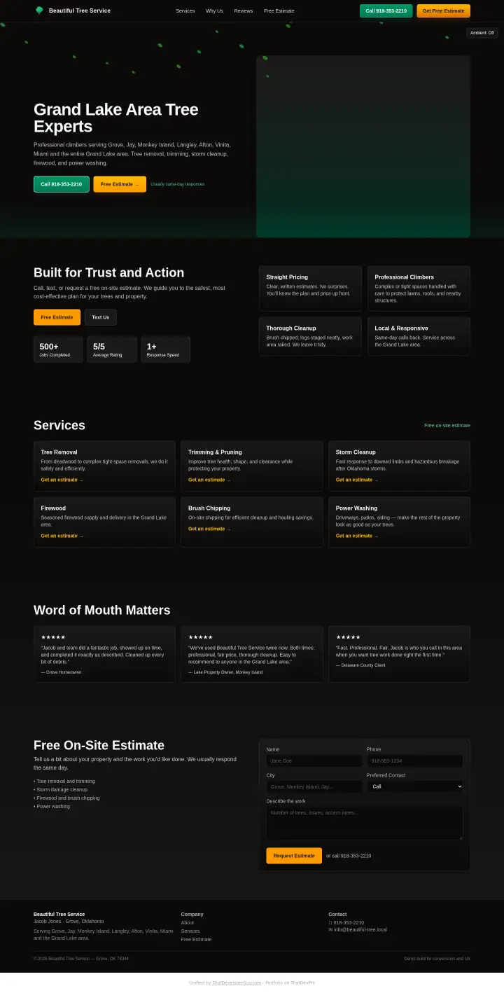 Home page of the Beautiful Tree Service website shown as one full page from top to bottom