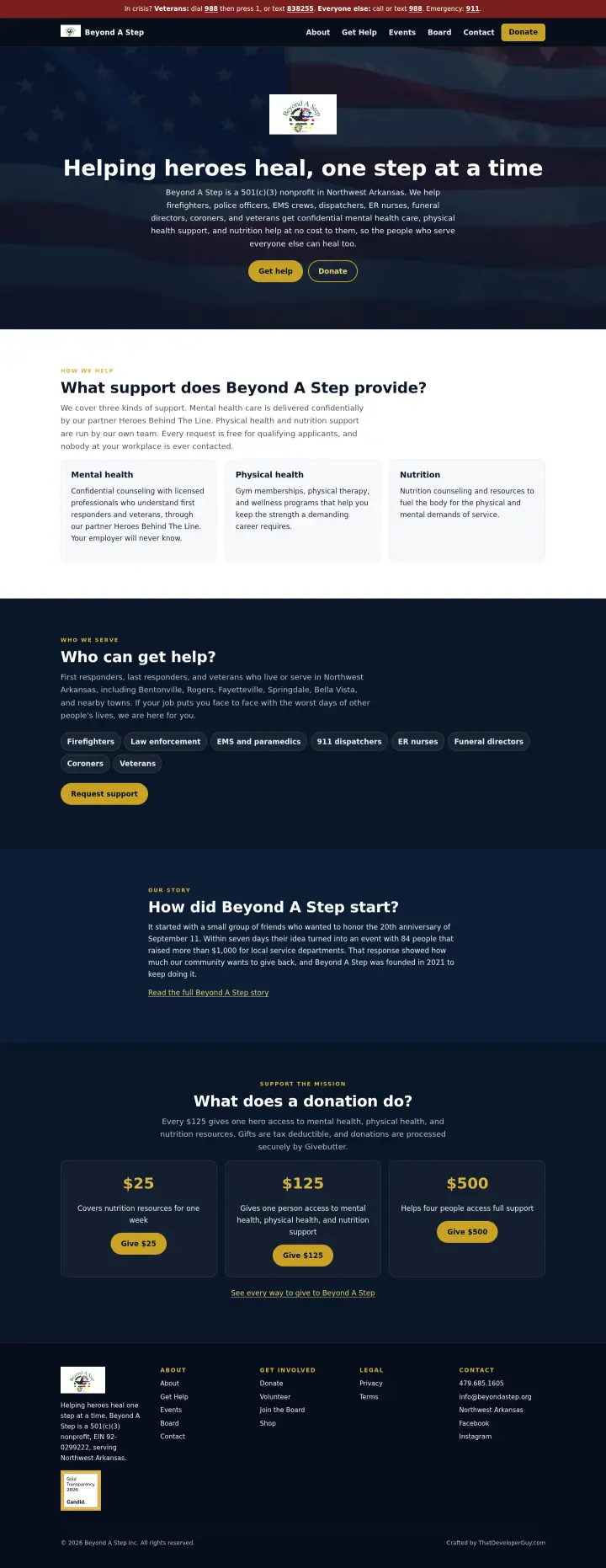 Home page of the Beyond A Step website shown as one full page from top to bottom