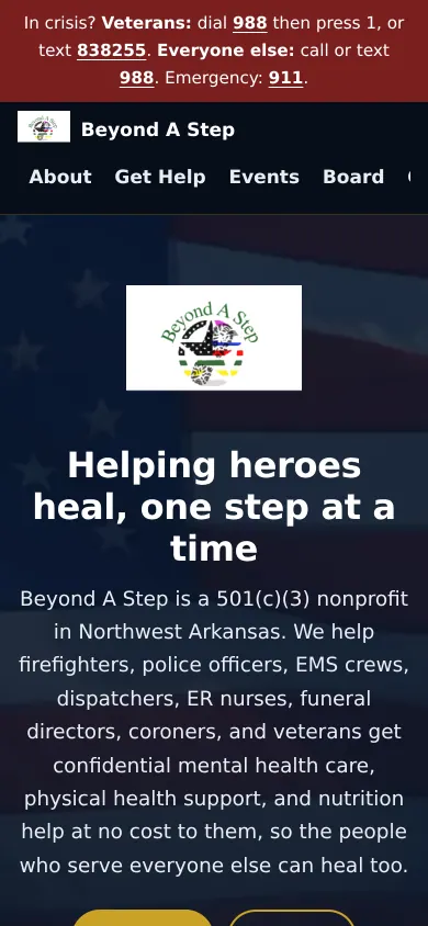 Home page of the Beyond A Step website on a phone