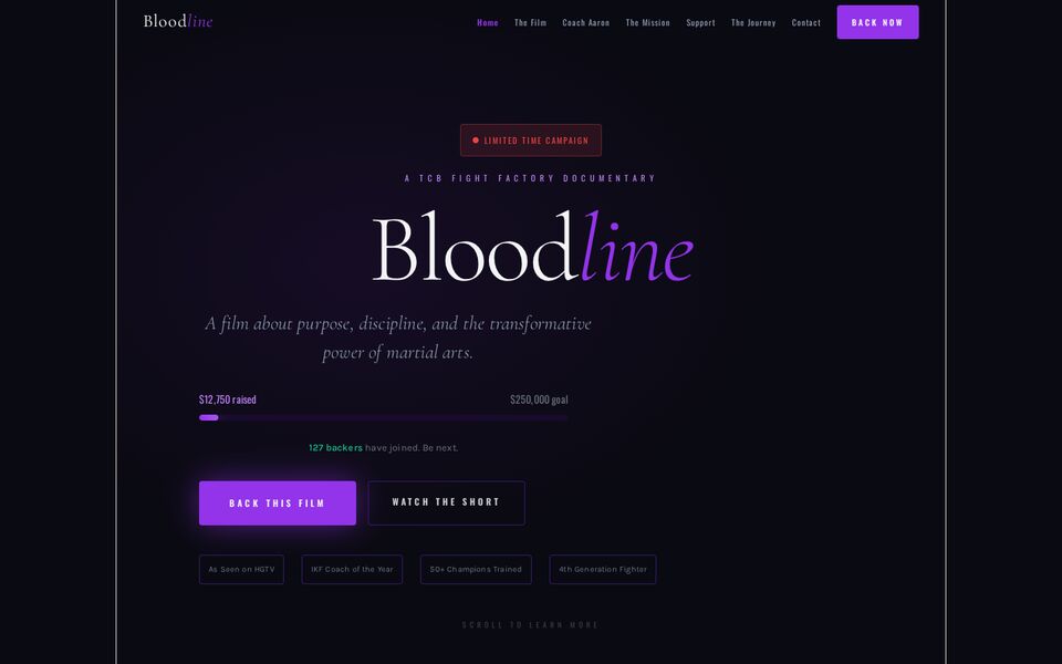 Home page of the Bloodline website on a desktop screen