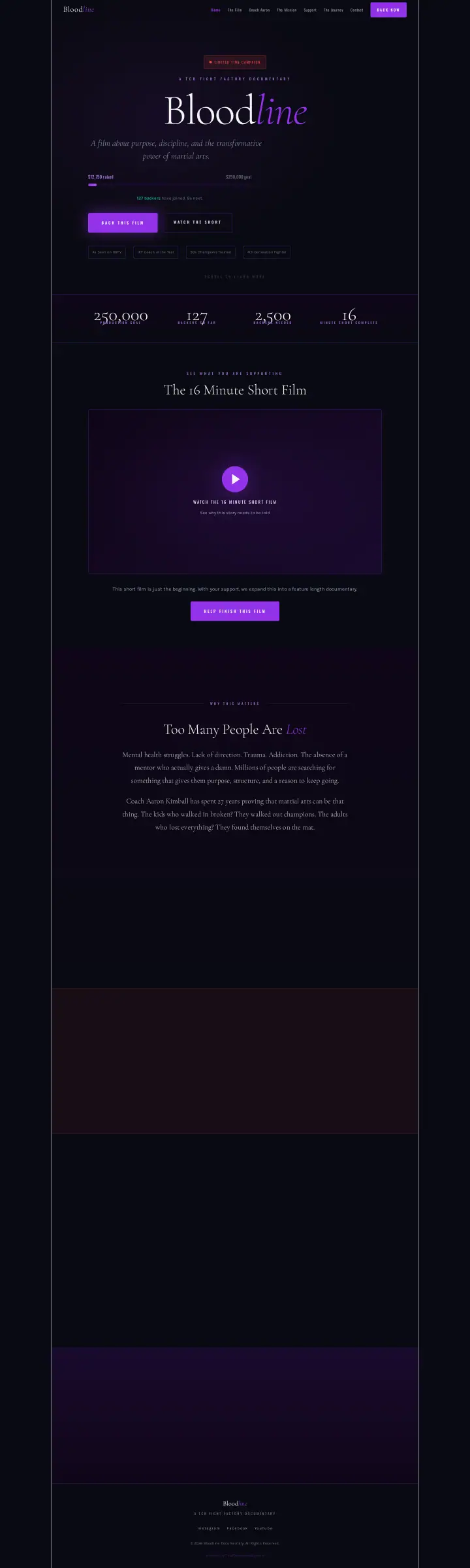 Home page of the Bloodline website shown as one full page from top to bottom