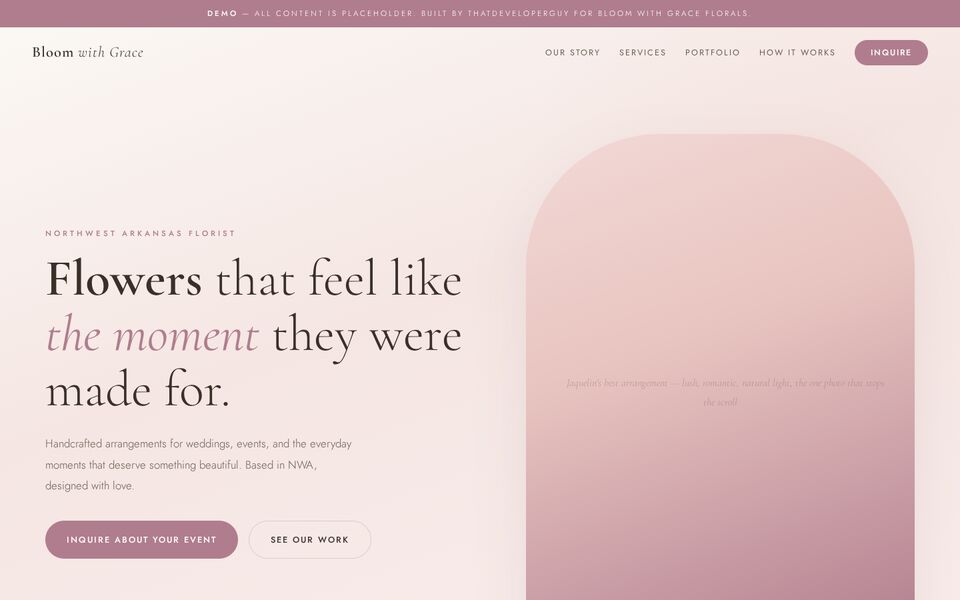 Home page of the Bloom with Grace Florals website on a desktop screen