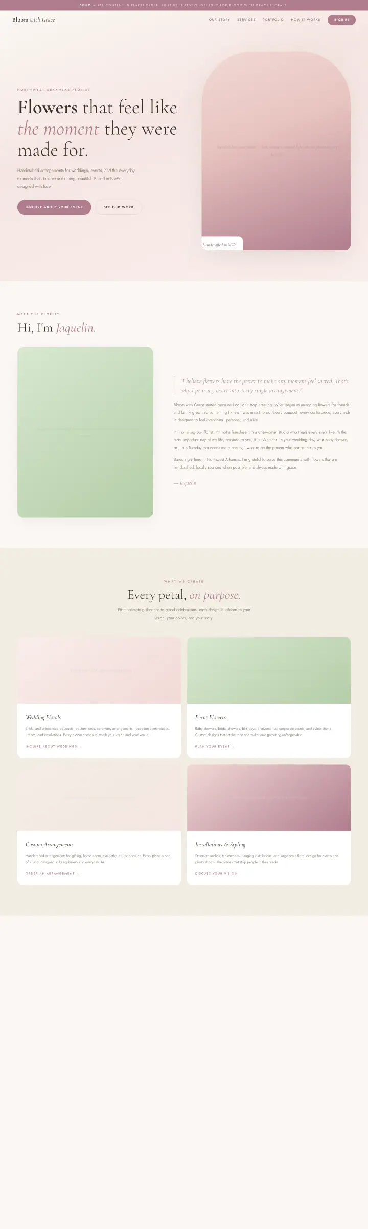 Home page of the Bloom with Grace Florals website shown as one full page from top to bottom
