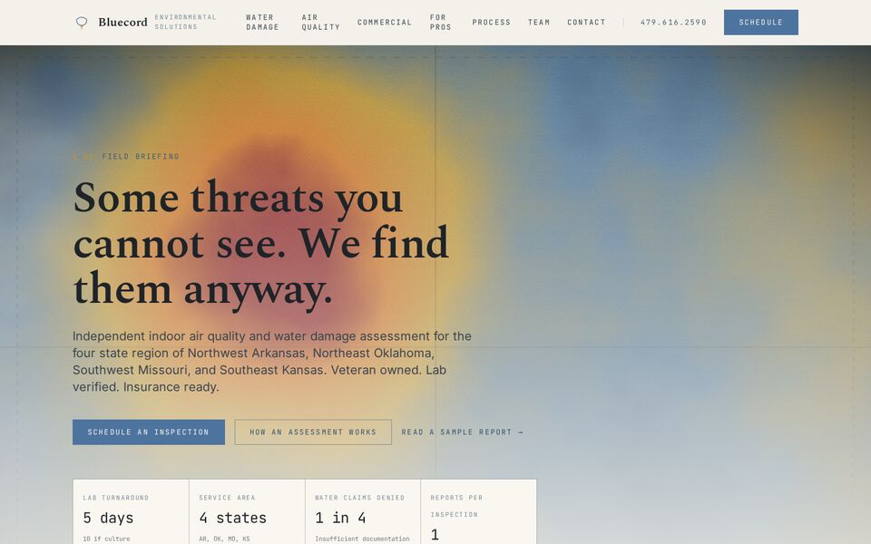 Home page of the Bluecord Environmental Solutions website on a desktop screen