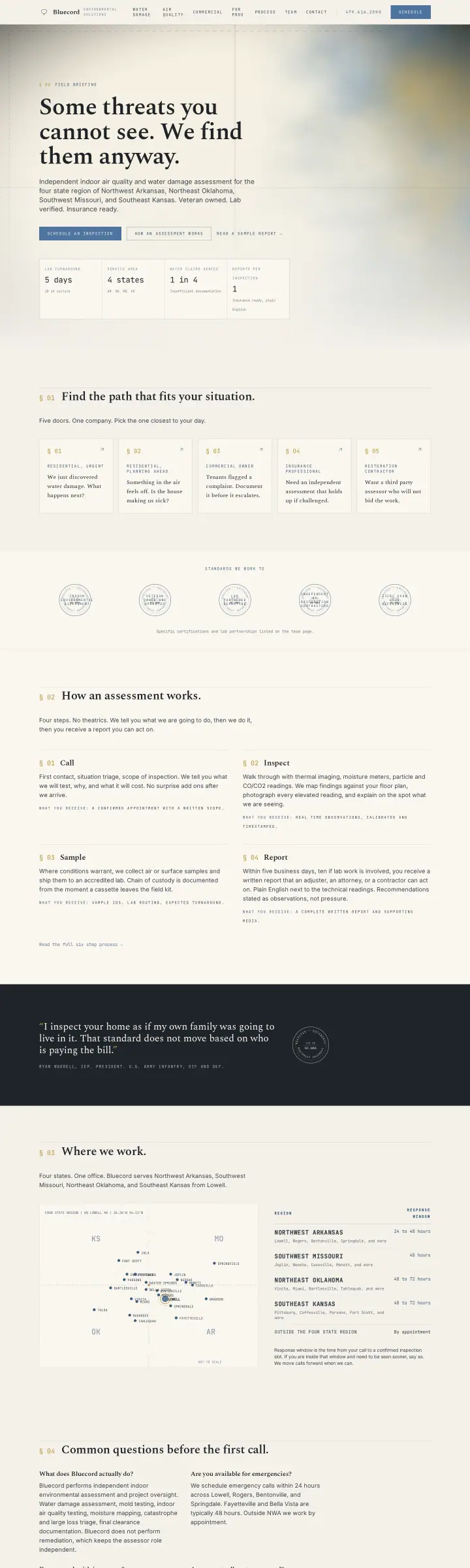 Home page of the Bluecord Environmental Solutions website shown as one full page from top to bottom