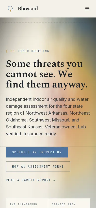 Home page of the Bluecord Environmental Solutions website on a phone