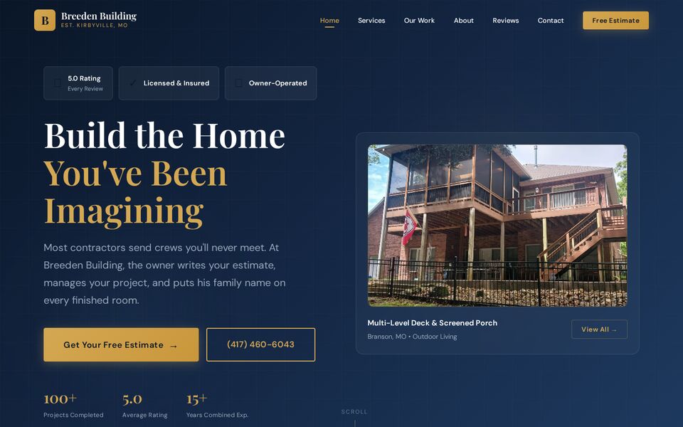 Home page of the Breeden Building LLC website on a desktop screen