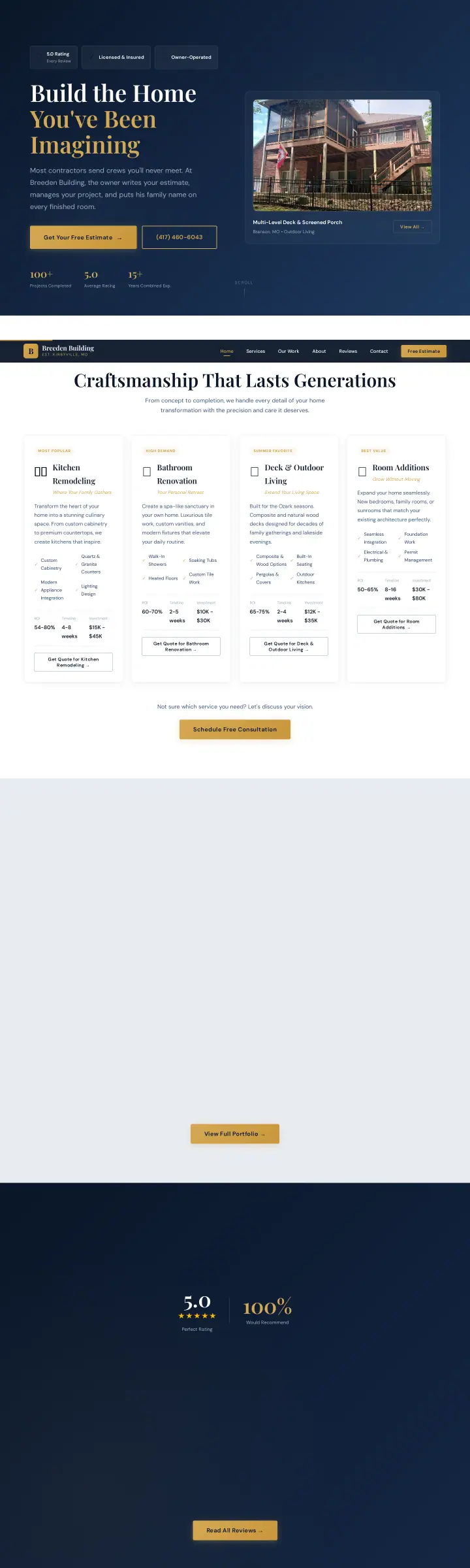 Home page of the Breeden Building LLC website shown as one full page from top to bottom