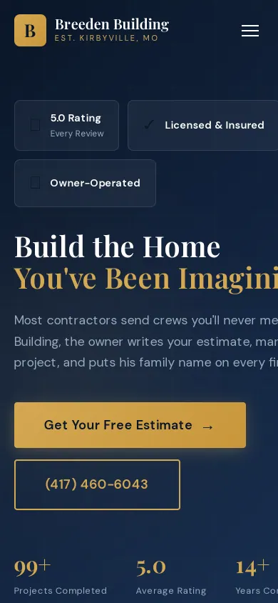 Home page of the Breeden Building LLC website on a phone