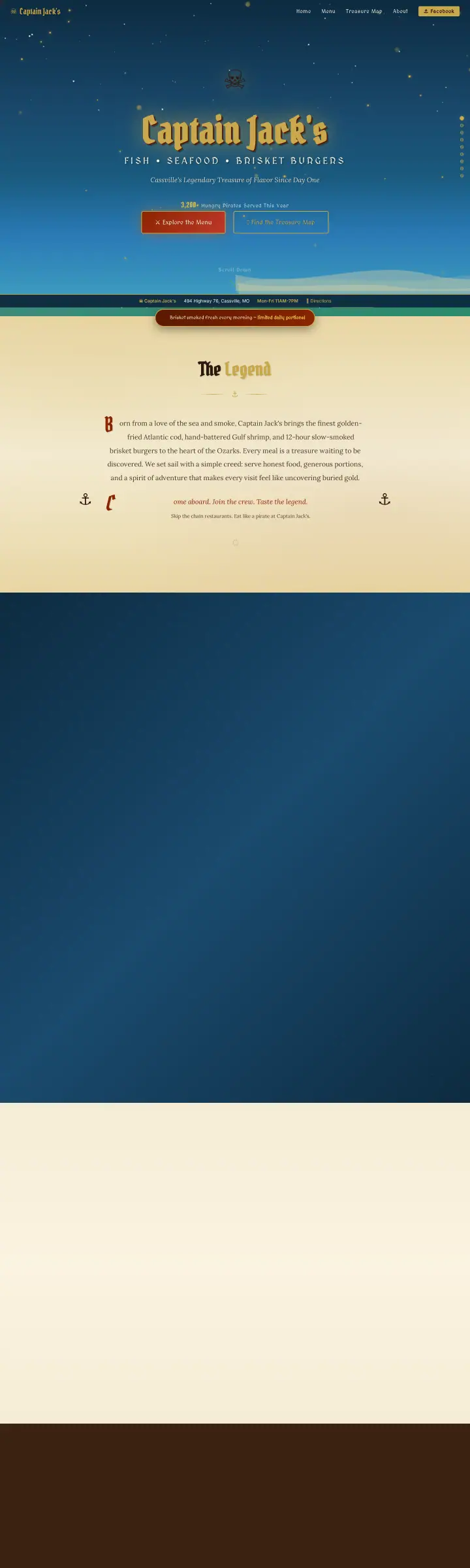 Home page of the Captain Jack's website shown as one full page from top to bottom