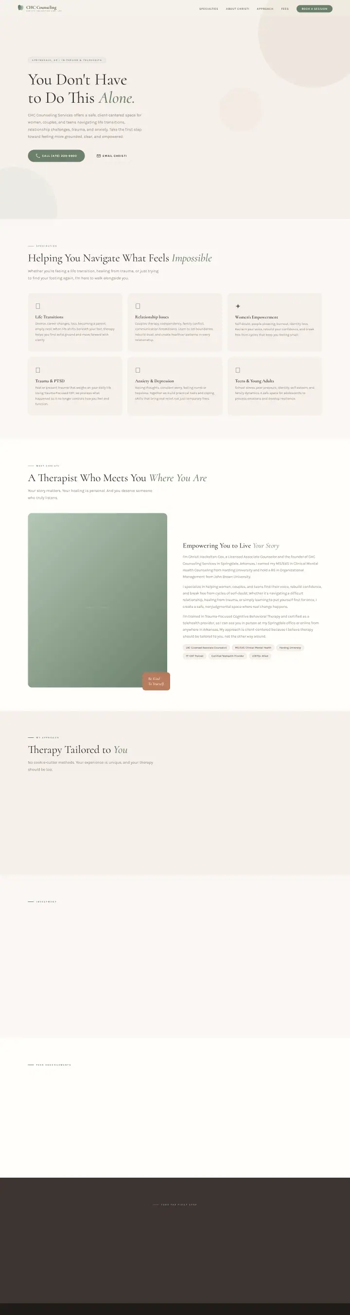 Home page of the CHC Counseling Services website shown as one full page from top to bottom