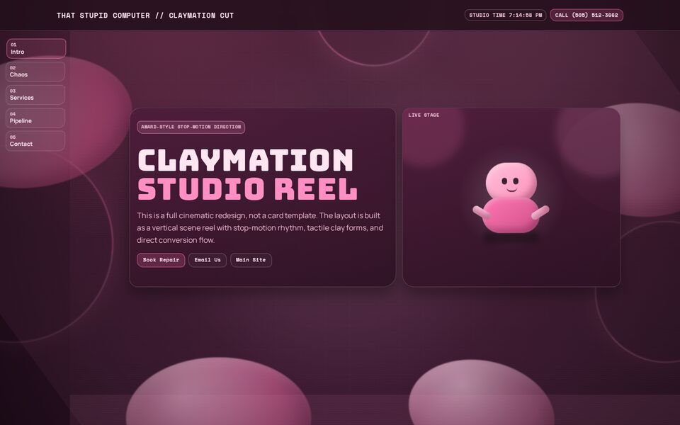 Home page of the Claymation study website on a desktop screen