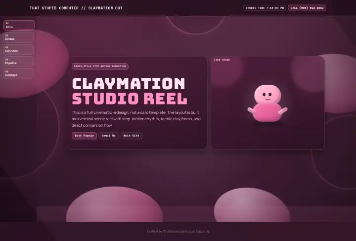 Home page of the Claymation study website shown as one full page from top to bottom