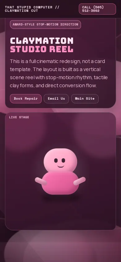 Home page of the Claymation study website on a phone