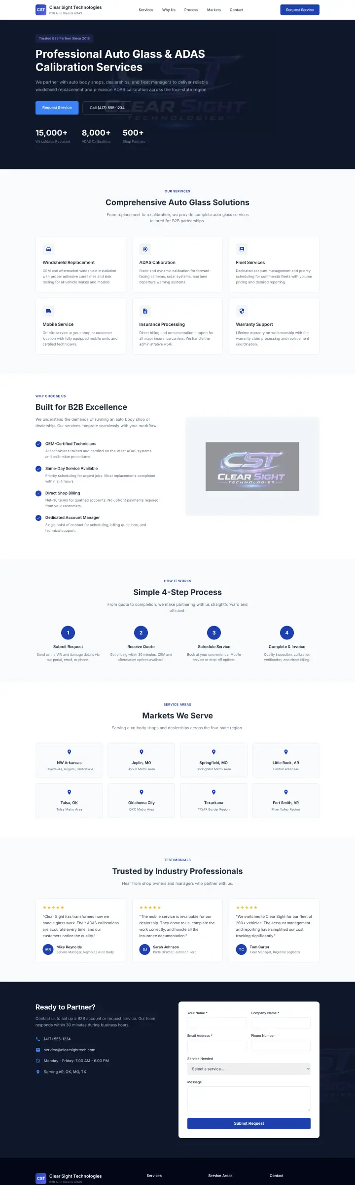 Home page of the Clear Sight Technologies website shown as one full page from top to bottom